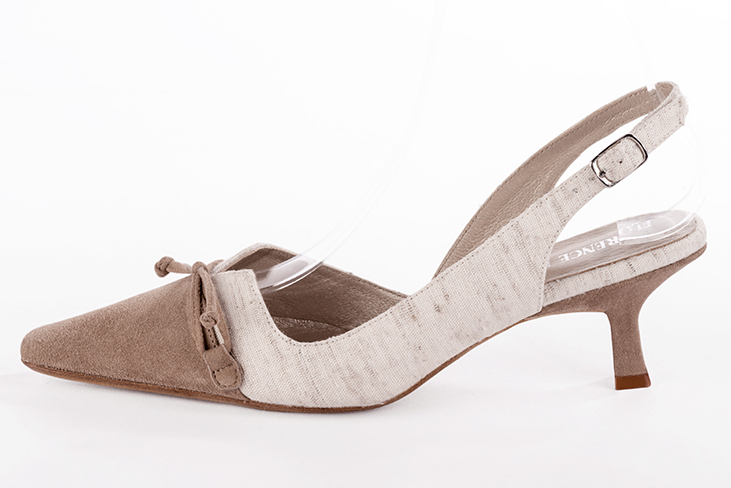 Biscuit beige and off white women's open back shoes, with a knot. Tapered toe. Medium spool heels. Profile view - Florence KOOIJMAN